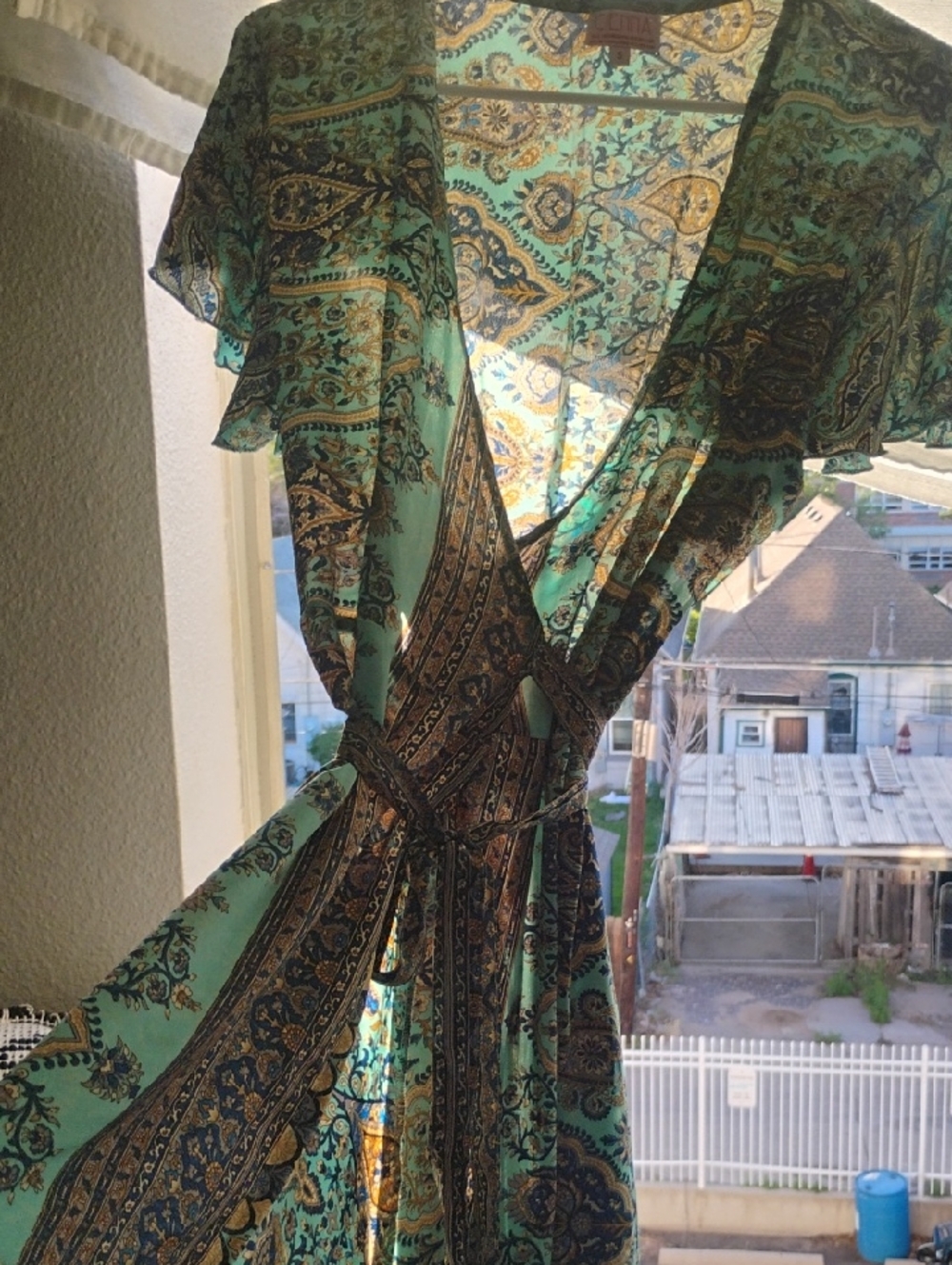Cienna Silk Vintage Sheer Paisley Wrap Dress - Teal & Brown Size Small - Picture 4 of 10